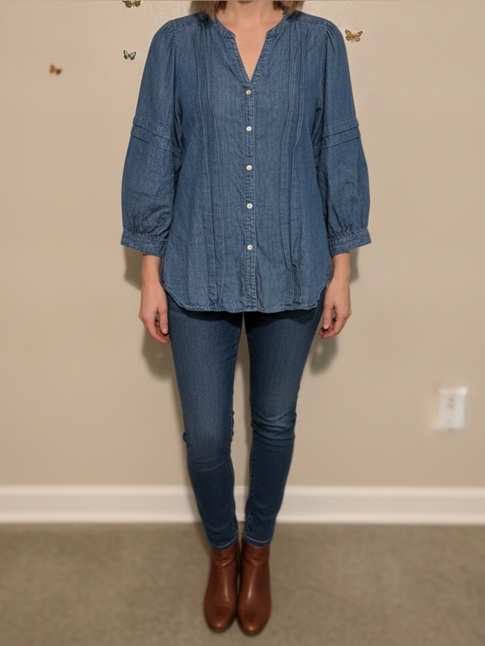 J.McLaughlin Laramie Chambray Pintuck Balloon Sleeve Blouse Blue